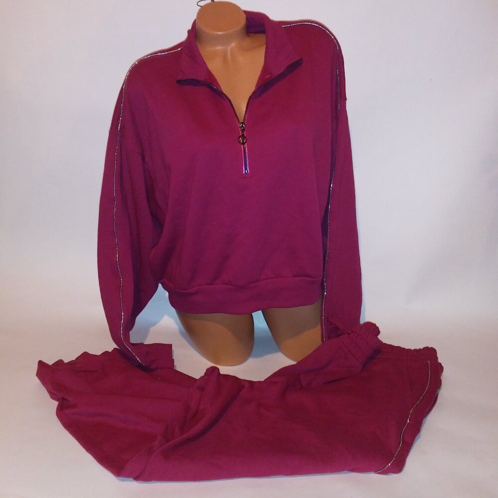 Victoria Secret Jogger Set Crop Top Sweater & Pants XXL 2X Berry Rhinestone Blin - Picture 2 of 12